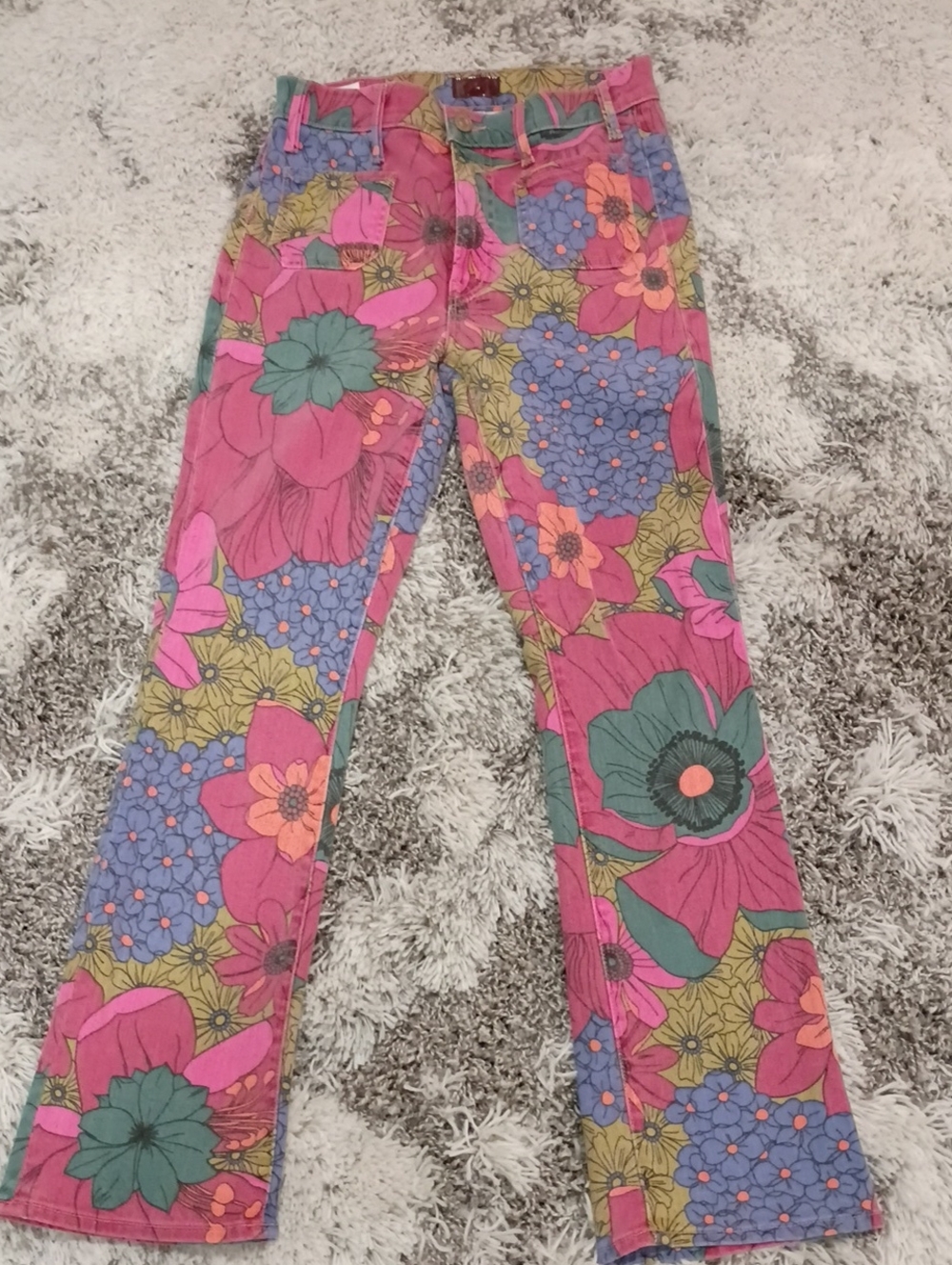 MOTHER Pink Floral Wide-Leg Jeans with Green & Blue Accents